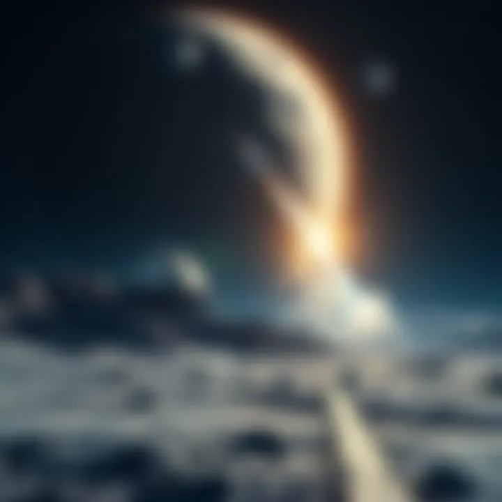 A cosmic journey awaits: lunar landscapes and spacecraft on the horizon Depiction of a futuristic lunar base with a spacecraft launching amidst a starry sky