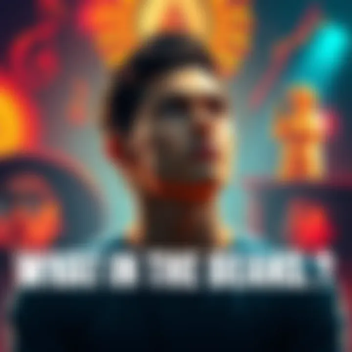 Gabriel looking contemplative while surrounded by symbolic elements representing his future
