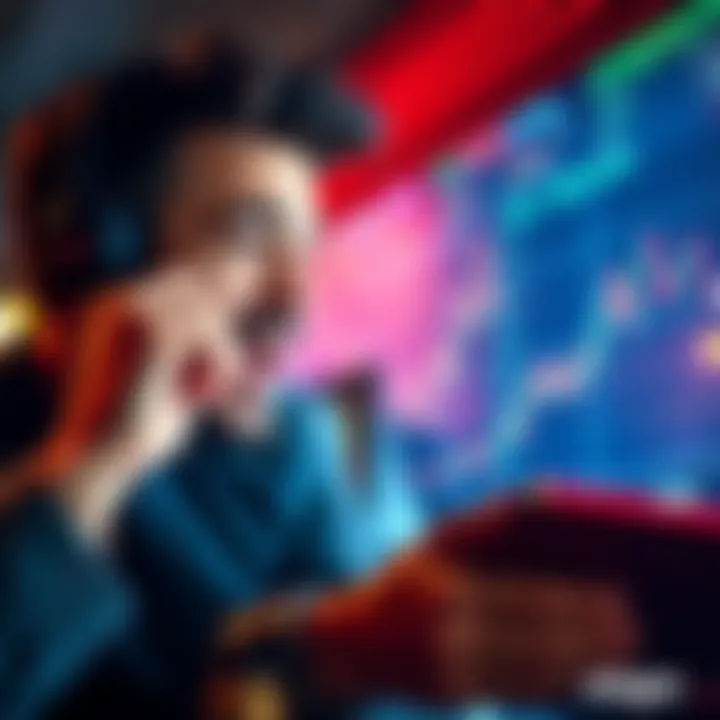 A man excitedly looking at cryptocurrency charts with a confident expression, ready to place a big bet on a coin called Ergo, symbolizing his hopes for a life-changing win.