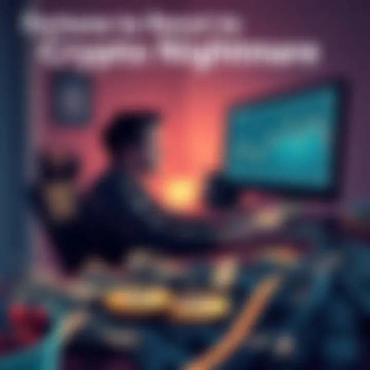 A person sitting at a desk looking at a computer screen with a worried expression, surrounded by crumpled bills and a falling cryptocurrency chart.