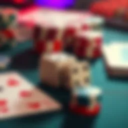 A pair of dice and playing cards on a table, representing the chance in gambling and games of luck.