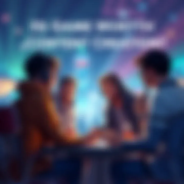 A group of players discussing content creation for a new game, with focus on badge tutorials and events.