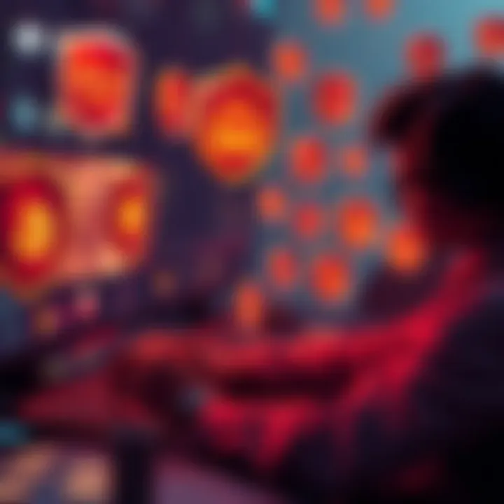 A player analyzing strategies for managing plots in a game, surrounded by digital currency and badges