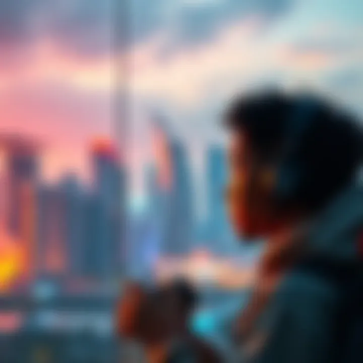 A gamer looking at cityscapes of Singapore and Los Angeles, weighing his choices