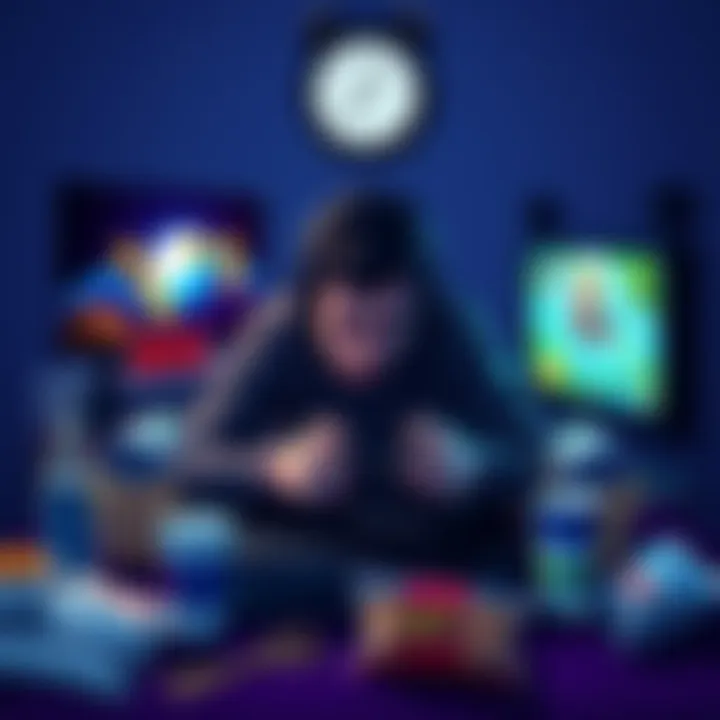 Gamer focused on console A gamer intensely playing on a console, surrounded by snacks and drinks, with a clock showing time running out and game graphics on screen