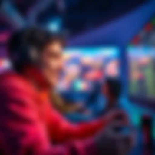 Gamer enjoying a game A player smiling while playing a video game, with colorful graphics on the screen