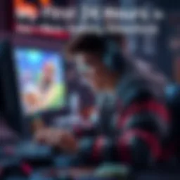 Player experiencing a new game A gamer focused on their screen, surrounded by gaming gear and snacks, showing excitement and curiosity