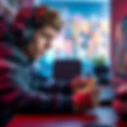 A gamer sits at a desk with a frustrated expression, looking at a smartphone showing delayed notifications for a minigame.