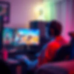 Person playing a multiplayer game alone at home A gamer sits at their computer, focused on playing a team-based game solo, with vibrant graphics on the screen and a headset on.
