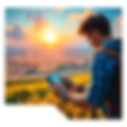 A gamer looking at their device in a rural landscape, contemplating a missing game badge, with fields in the background.
