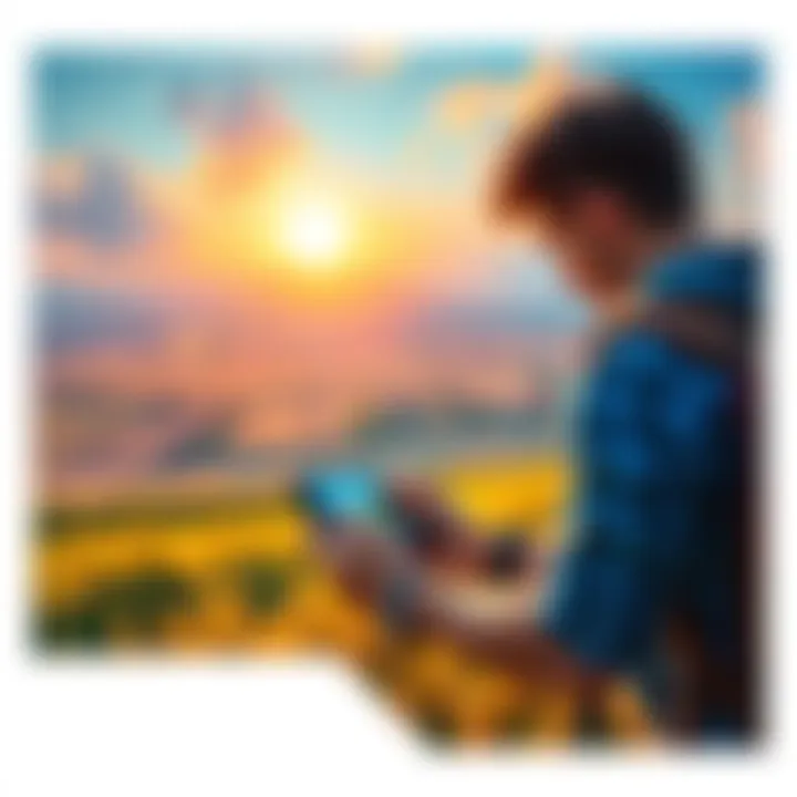 A gamer looking at their device in a rural landscape, contemplating a missing game badge, with fields in the background.