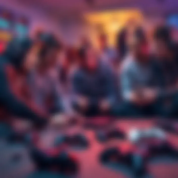 A group of gamers sitting together, looking frustrated and discussing their experiences with gaming, some controllers laid down on the table, showing a sense of giving up