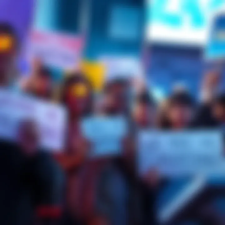 A group of frustrated gamers expressing their anger over cheating in a game, holding signs demanding action and fairness.