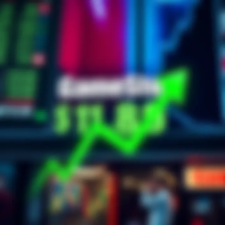 Stock market graphic showing GameStop's stock rising to $19.89 with green arrows indicating a 5.29% increase