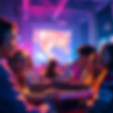 A vibrant group of people engaging in gaming activities and discussions on the Moonbeam platform, showcasing community interaction.