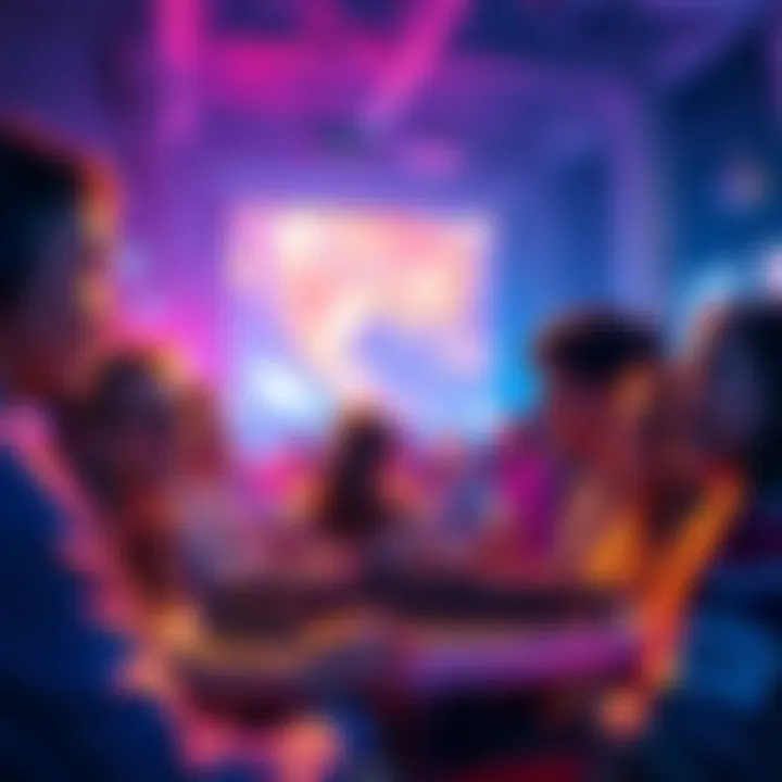 A vibrant group of people engaging in gaming activities and discussions on the Moonbeam platform, showcasing community interaction.