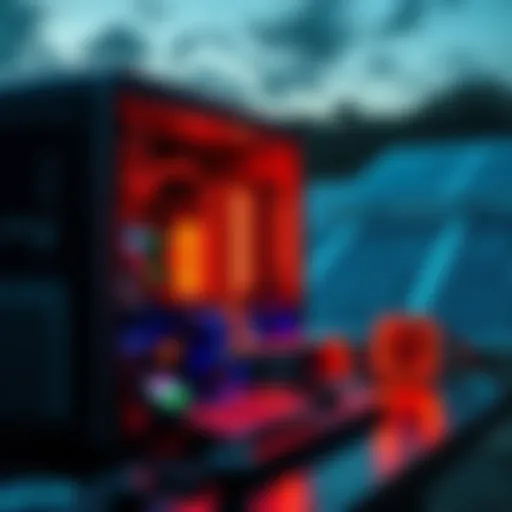 Gaming PC for cryptocurrency mining A gaming PC setup mining cryptocurrency with solar panels in the background