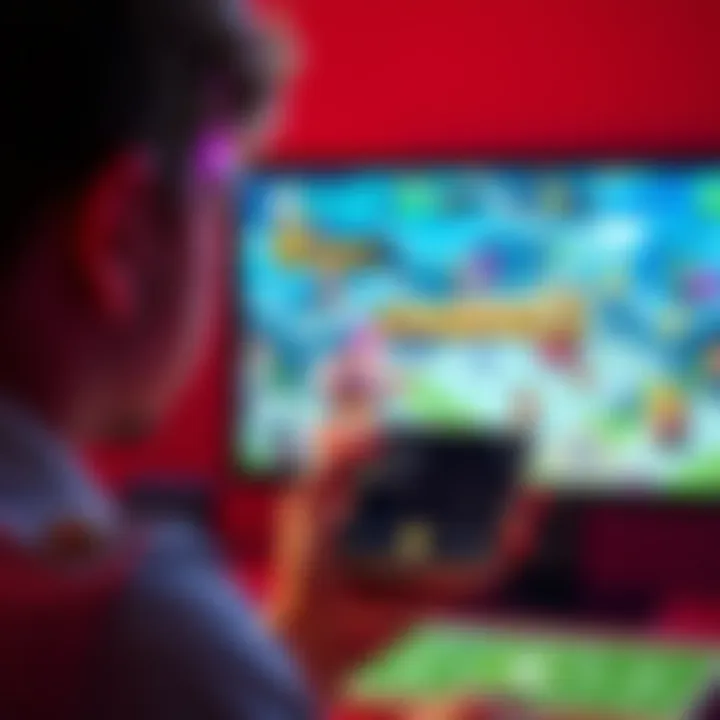 A person contemplating gaming options on a smartphone with a Clash Royale game screen visible in the background.