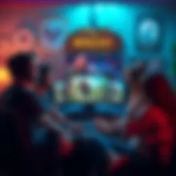 A group of friends sitting together, engaged in a lively discussion about World of Warcraft, with game characters and graphics visible on their screens.
