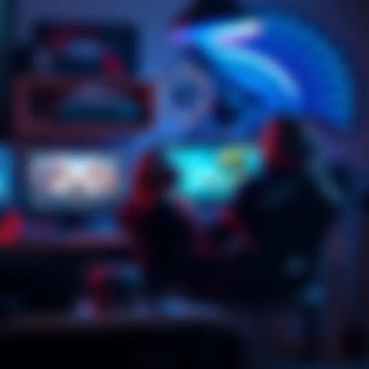 A gamer sits at a desk surrounded by gaming gear, contemplating whether to invest money into games or stick with free-to-play options, with a laptop displaying a game on the screen.