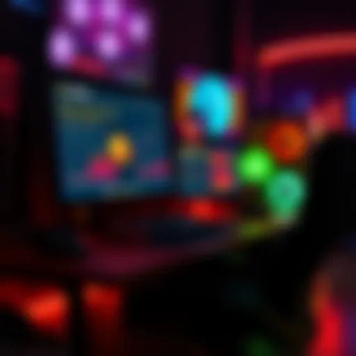 A gaming PC setup with multiple monitors displaying cryptocurrency mining software and graphics, showcasing potential mining profits.
