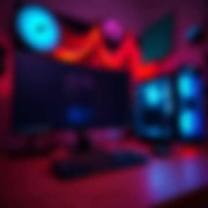 A gaming PC setup with affordable components for online store management, featuring a monitor, keyboard, and gaming tower.