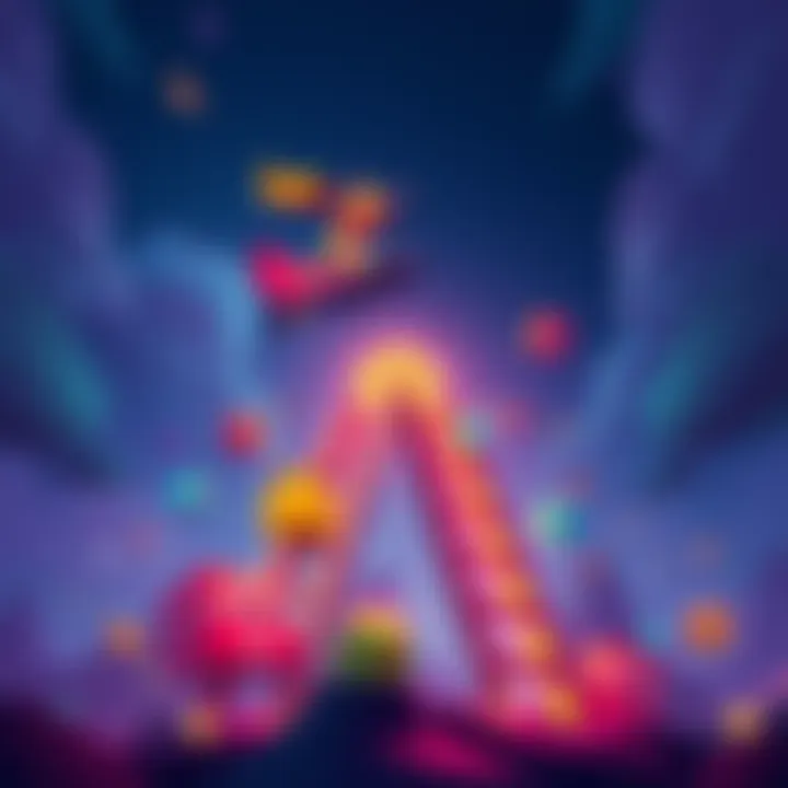 A player character jumping up a tier on a reward ladder with colorful parcels around them
