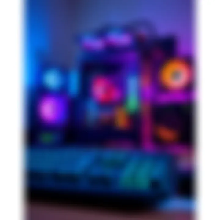 A detailed view of a gaming rig showcasing colorful components and a keyboard, highlighting the gaming experience.