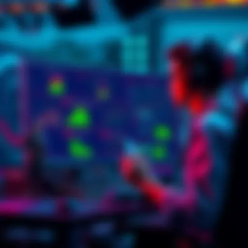 A gamer analyzing stats and skills on a screen, showing charts and figures with a character beside them preparing for battle.