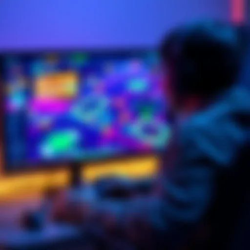 A gamer playing a blockchain game on a computer, showing vibrant gameplay without any tokens visible on the screen.