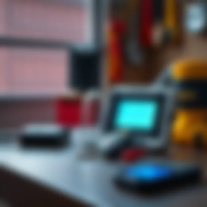 A Chamberlain Lift Master garage door remote and keypad placed on a table, showing troubleshooting tools nearby.
