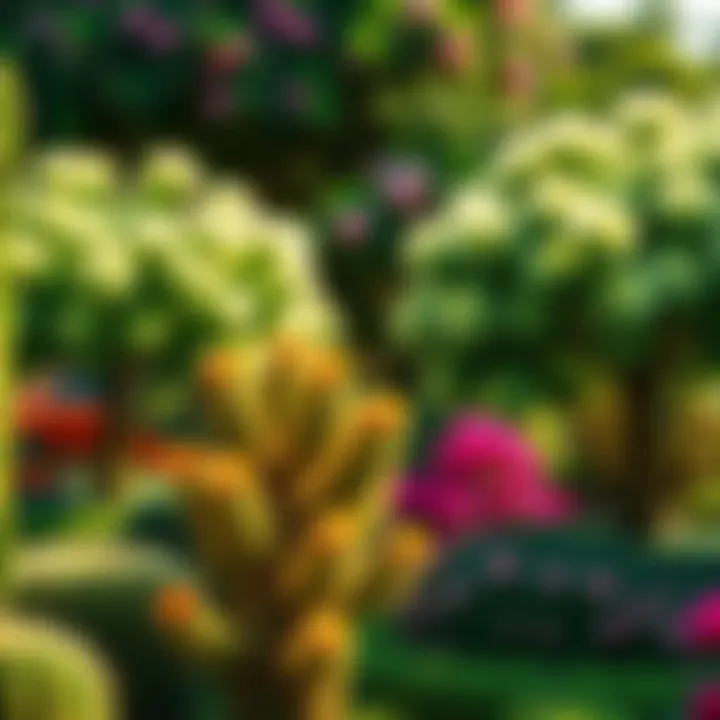 A vibrant garden featuring fluffy, green trees alongside a surprising cactus in the foreground.