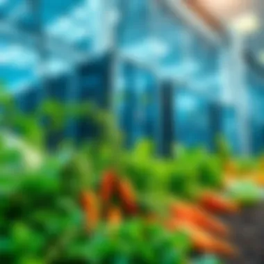 A garden featuring healthy carrots and cabbages alongside a modern data center building, blending nature with technology.