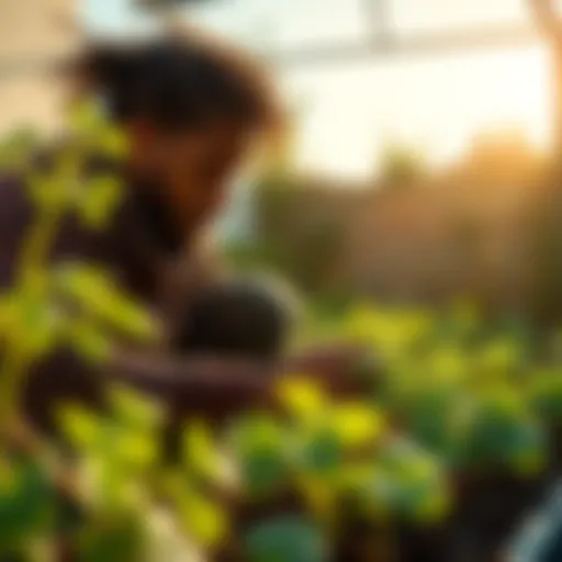 Individual tending to vegetable plants in a sunny backyard, enjoying a peaceful moment away from financial stress