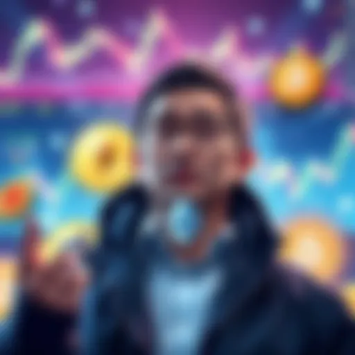 Garrett Jin Investing in Crypto Garrett Jin making a large investment in Ethereum and Bitcoin, surrounded by financial graphs and digital currency symbols