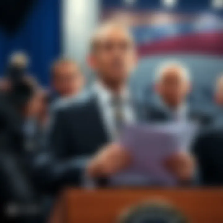 Gary Gensler stands at a podium with a serious expression, holding an apology form, with reporters in the background.