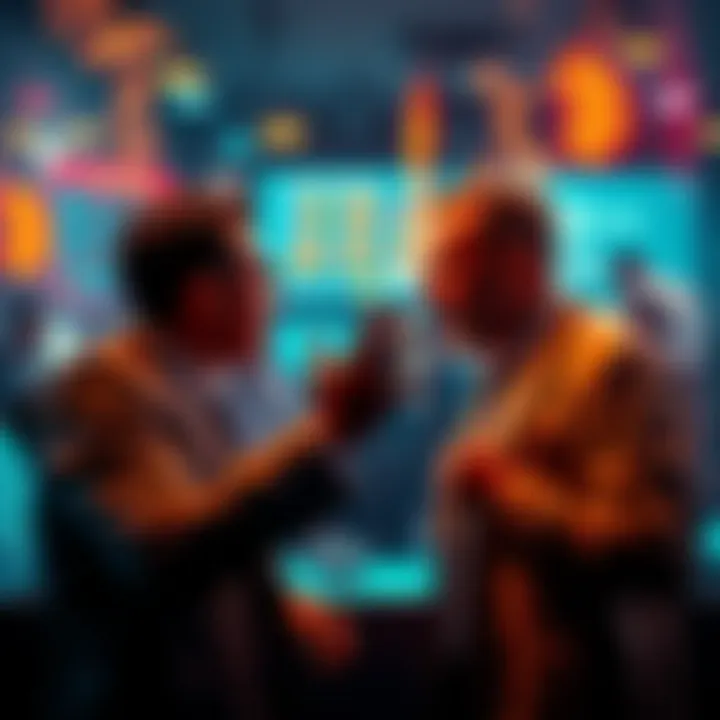 A person engaging in a heated debate about cryptocurrency with another, using unconventional tactics instead of facts.