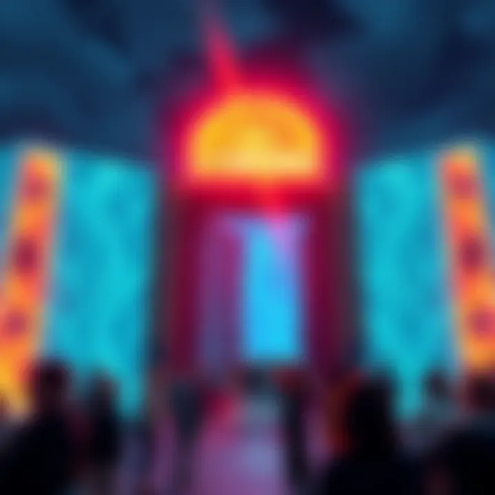 Gateway to Nearvana A bright, inviting gate symbolizing the opening of Nearvana, with people gathering to participate in a tech community.