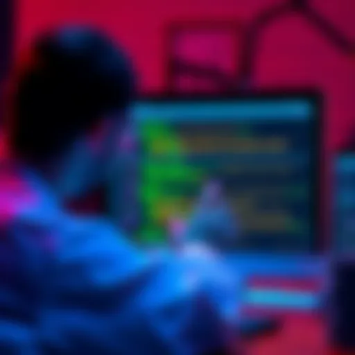 A researcher examining the GavCoin source code on a computer screen with code snippets displayed prominently.