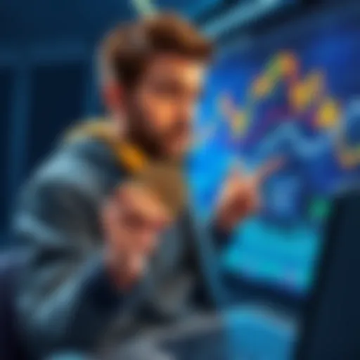 A man named Gavin holding a crypto coin while looking at a fluctuating graph on a screen, symbolizing the ups and downs of his crypto experience.