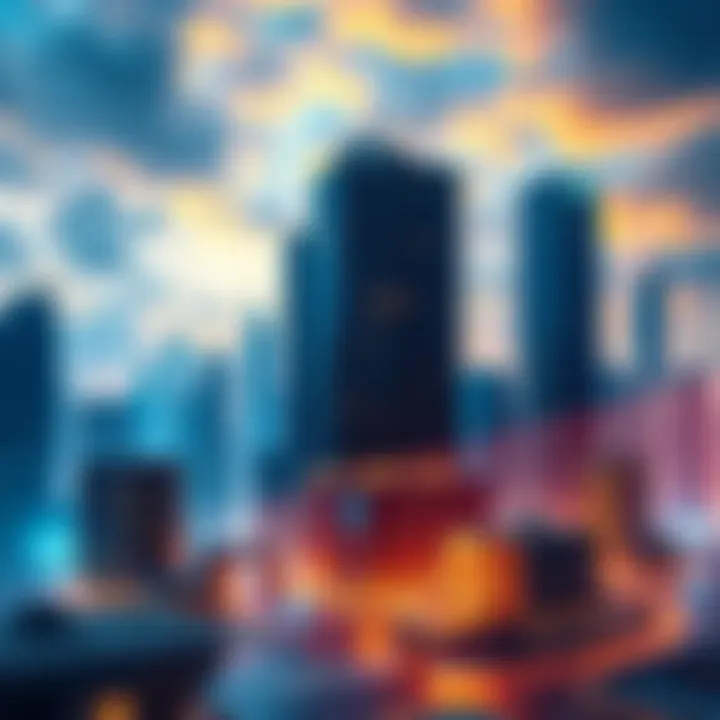 A modern city skyline with skyscrapers and data centers, incorporating elements of cryptocurrency, representing Jared Kushner's plan for Gaza.