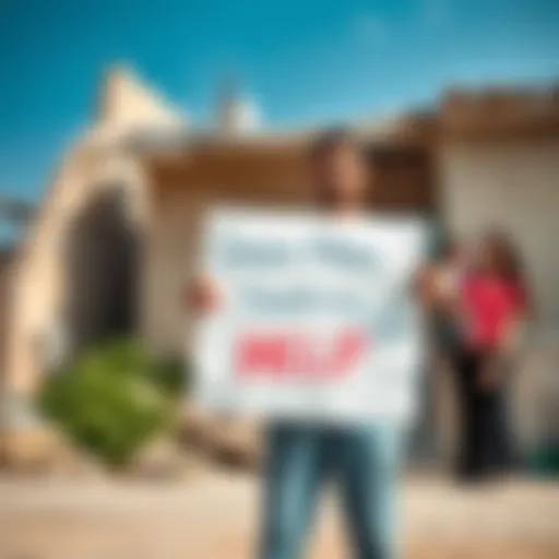 A man from Gaza holds a sign asking for financial support, standing in front of a damaged home, with his family nearby.