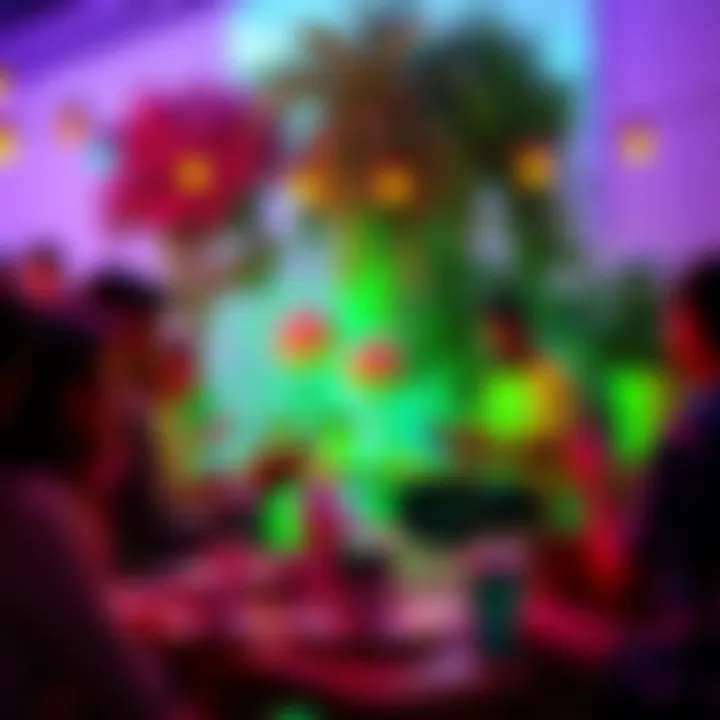 A vibrant community gathering featuring people discussing Geeeeeeen trends, with greenery and eco-friendly items present.