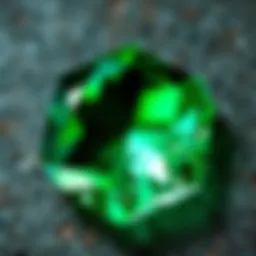 A close-up of a sparkling green gem called Gemerald, showcasing its unique color and shine, set on a textured background.