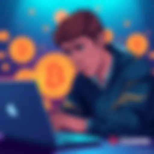 Illustration showing a person looking concerned while checking their Gemini Bitcoin CC rewards on a laptop, with Bitcoin symbols in the background.