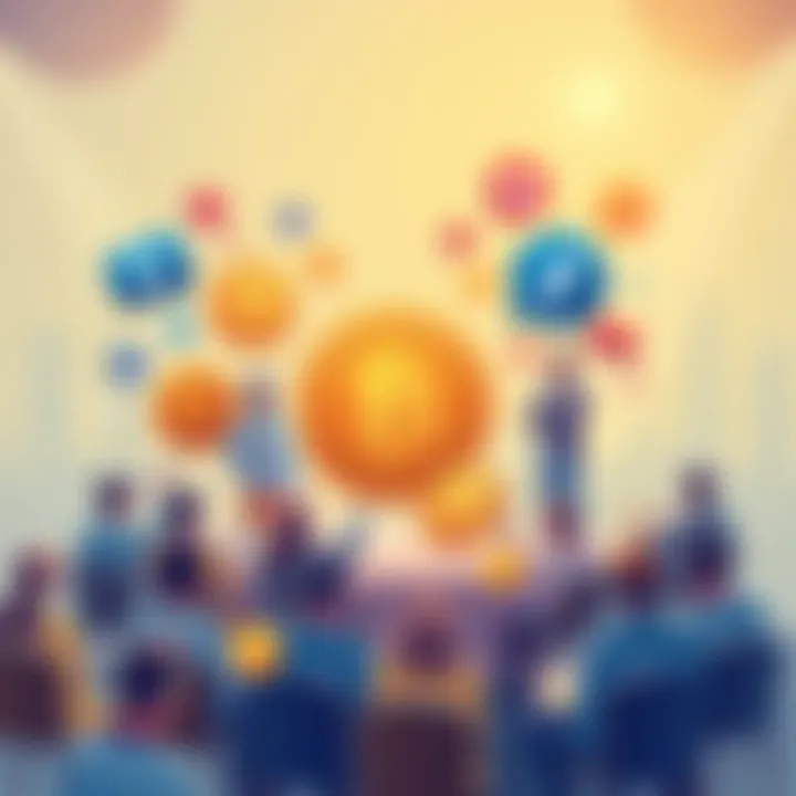 A vibrant illustration representing the r/Gemini community engaging in cryptocurrency discussions with icons of digital currencies and social networking symbols.