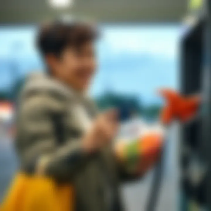 A person happily using a Gemini credit card at a gas station while holding groceries in the other hand, symbolizing the rewards program.