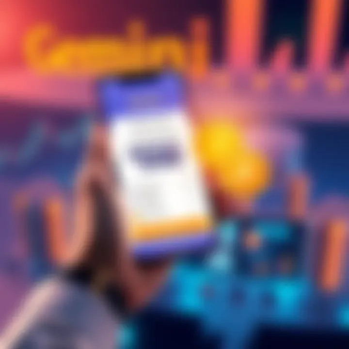 A graphic showing a hand holding a smartphone with a cryptocurrency app open, highlighting a $50 reward, alongside coins and a promo code