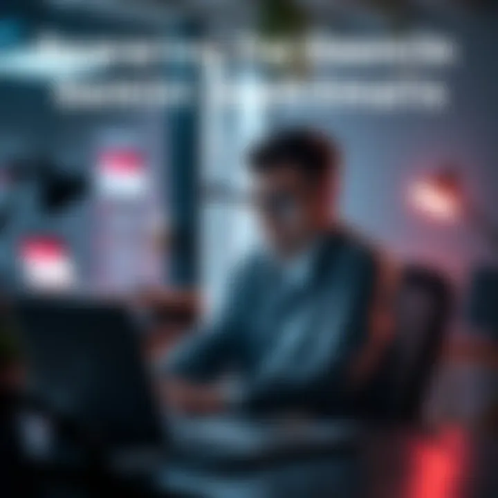 A person sitting at a desk, looking concerned while checking their email on a laptop, with warnings about phishing visible on the screen