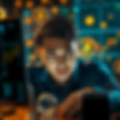 A person looking at a computer screen with a frustrated expression, surrounded by cryptocurrency symbols and charts